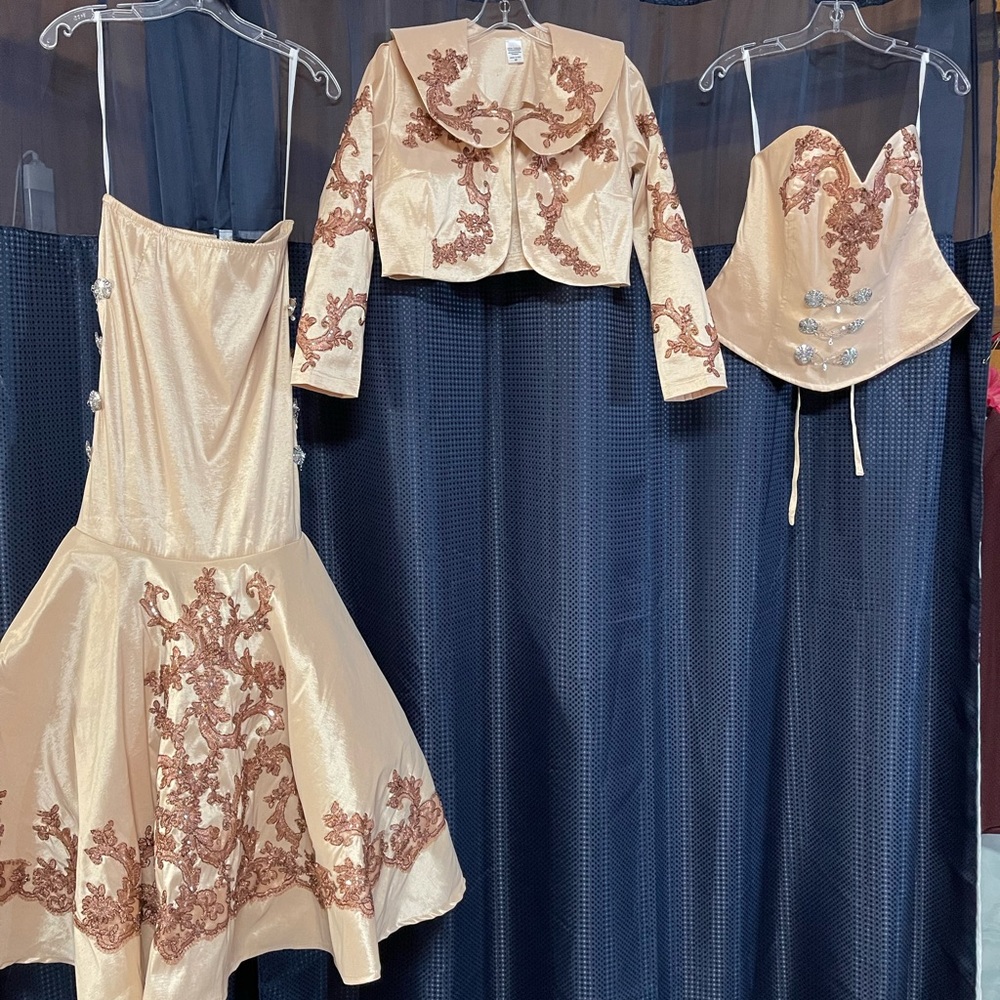Elegant Cream and Brown Embroidered Dress Set
